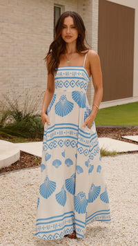 Shell-printed French-style High-waisted Full-skirted Slip Dress