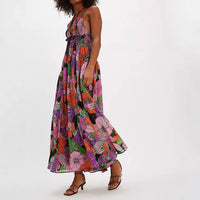 V-neck Resort-style Backless Sleeveless Printed Dress