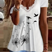 Color Blocked Lace Dandelion Printed T-shirt
