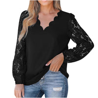 New Womens V-Neck Wave-Pattern Floral Lace Long-Sleeve Shirt
