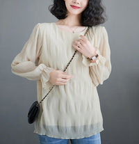 Pleated Bell Sleeve Chiffon Shirt Loose Long Sleeve Top
