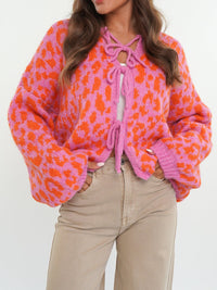 Round Neck Tied Leopard Print Knitted Cardigan Sweater
