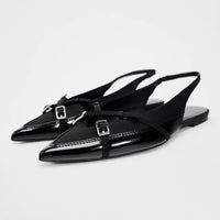 Closed Toe Sandals Women's Black Cross Strap Patent Leather Flat Casual Mules