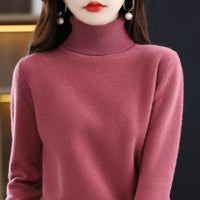 Pure Wool Sweater Women's Turtleneck Pullover Solid Color Loose Short
