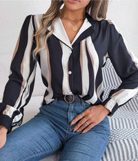 Women's Casual Versatile Color Block Stripe Notched Lapel Long Sleeve Shirt