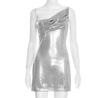 Solid-color Sexy Slim-fit Sleeveless Off-shoulder Glossy One-shoulder Short Dress