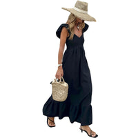 Womens Fashion Pleated V-Neck Short-Sleeve Dress