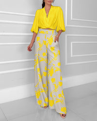 Socialite Womens Three-quarter-sleeve Fashionable Casual Wide-leg Pants Set