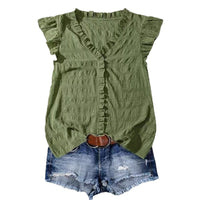 New Women's V-neck Ruffled Short-sleeve Blouse Loose-fit Figure-flattering Top With Lace Detailing