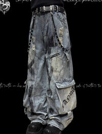 Multi-Pocket Graffiti Splatter Streetwear Ripped Wide-Leg Denim Jeans