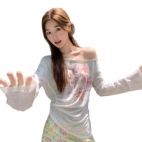 Sweet Floral Print Off-Shoulder Sheer Blouse Long-Sleeve T-Shirt Womens Sun-Protective Off-Shoulder Top