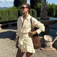Laid-back Solid-color Belted Wrap Shirt Dress For A Relaxing Getaway