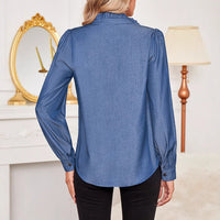 Denim French Retro Ruffle-Trimmed Shirt For Women High-End Elegant Style