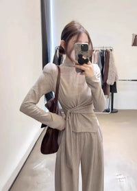 Design-inspired Strap-wrapped Fitted Long-sleeved Top With Wide-leg Pants Set