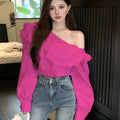 Women's Ruffled Off-the-shoulder Long Sleeve Design Elegant Socialite Shirt