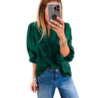 Women's Solid-color V-neck Long-sleeve Chiffon Blouse With Bow Tie Straps