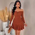 Off-the-shoulder Long-sleeve Waist-cinching Ruffle-trimmed Mini Skirt