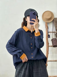 Womens Casual Retro Color-Block Collar Cotton Shirt