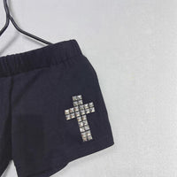 Womens Black Cross Design Comfortable Elastic-Waist Bodycon Ultra-Short Shorts