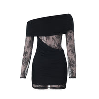 Off-Shoulder Lace-Patchwork Sheer Bodycon Dress Autumn Style For Women