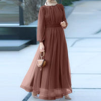 Elegant Double-layered Pleated Mesh Dress With Long Sleevesstylish And Casual