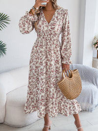 Women's Elegant Floral Print Cross V Neck Tie Waist Ruffle Maxi Dress