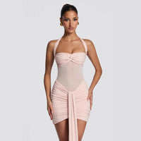 Lace-up Mesh Halterneck Patchwork Ribbon Sheath Dress