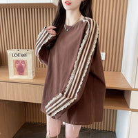 Solid Color Stitching Lace Lacework Round-neck T-shirt Women's Brushed Top