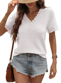 Womens V-neck Casual Waffle-knit Lace-panel Short-sleeve Top
