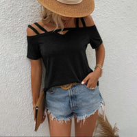 Solid Color Short Sleeve Double Strap Boat Neck Top