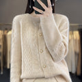 Round Neck Pure Wool Knit Cardigan Women's Long Sleeve Casual Simple