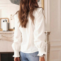 Women's V-Neck Floral Embroidered Shirt - Long Sleeve Single-Breasted Top