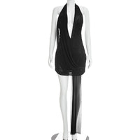 Solid-color Sexy Mesh Draped Deep-V Backless Mini Dress