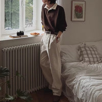 Mens Retro Color-Block Lapel Hoodie  Versatile Long-Sleeve Top