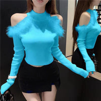 Women's Half-turtleneck Stitching Hollow Out Shoulder-baring Knitwear Top