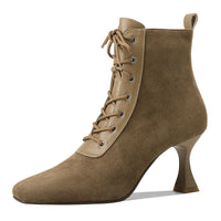 Retro Brown Leather Square-Toe Short Boots With A Stiletto HeelTimeless And Versatile Looks