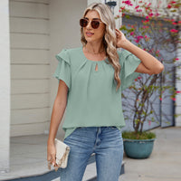 Round-neck Flutter-sleeve Loose-fit Chiffon Top