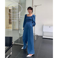 Women's Design Smocked Square Neck Denim Jumpsuit