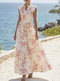 Elegant Short-Sleeve Lace-Patchwork Lace-Up Printed Dress