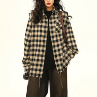 Womens Retro Maillard Loose All-Match Plaid Blouse