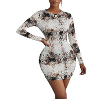 Womens Round-Neck 3D Digital-Print Snake-Print Long-Sleeve Dress