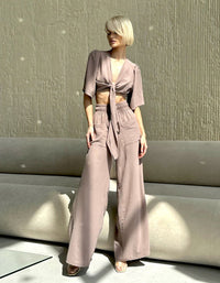 Fashionable Strappy Deep-V Top And Wide-Leg Pants Two-Piece Set