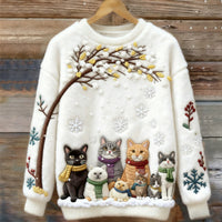 Womens Printed Cat Christmas Crew-Neck Sweatshirt Top