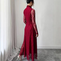 Half-high Neck Spliced Lace Sexy Long-sleeve Maxi Dress