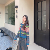 Women's Top Gradient Rainbow Striped Long-sleeve Cardigan Sweater