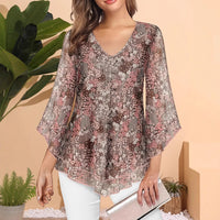 Women's Floral Print V-neck Chiffon Long Sleeve Top