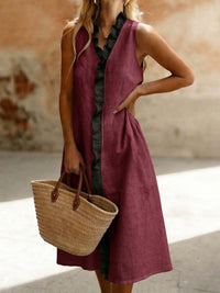 Lapel-trimmed Sleeveless Cotton-linen Midi Dress