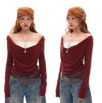 Beaded Swing Collar Knitted Top With Chest Pad
