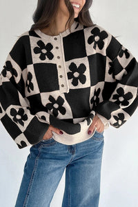 Black Henry Plaid Collar Loose Sweater