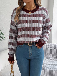 Women Round Neck Retro Stripe Lantern Sleeve Long Sleeve Pullover Sweater